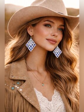 Pair of handwoven bead earrings with bird in a blue and white geometric pattern